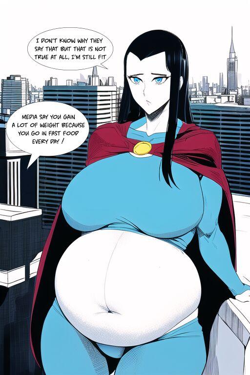 Expanding Heroine:Confronting the Virus Villain, Page 1 to 12,  [FINISH] ,[Creator: HirumaDiabe, DeviantArt/Patreon], Weight gain anime girl, bbw, ssbbw, stuffing belly, SuperHero who gain a lot of weights because of a food addiction. 9