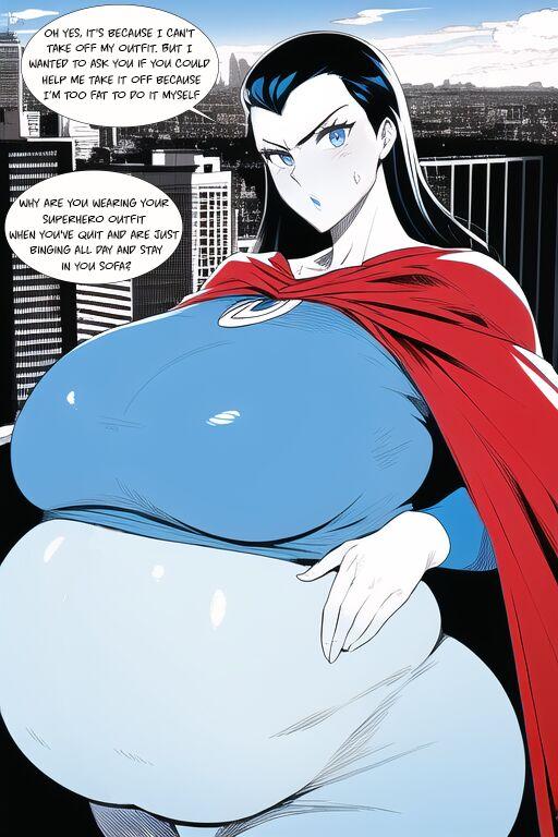 Expanding Heroine:Confronting the Virus Villain, Page 1 to 12,  [FINISH] ,[Creator: HirumaDiabe, DeviantArt/Patreon], Weight gain anime girl, bbw, ssbbw, stuffing belly, SuperHero who gain a lot of weights because of a food addiction. 12